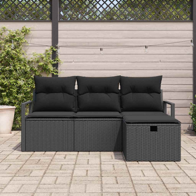 Zestaw Sof z poduszką z przechowywaniem 4 pcs Czarny polirattan