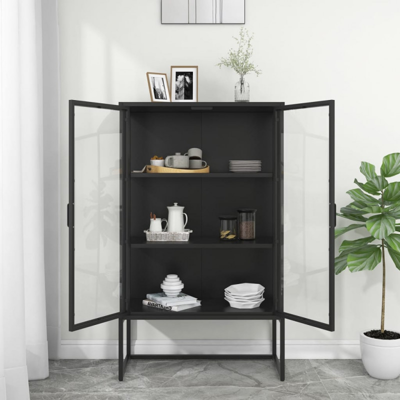 Szafka, czarna, 80x35x135 cm, stal i hartowane szkło