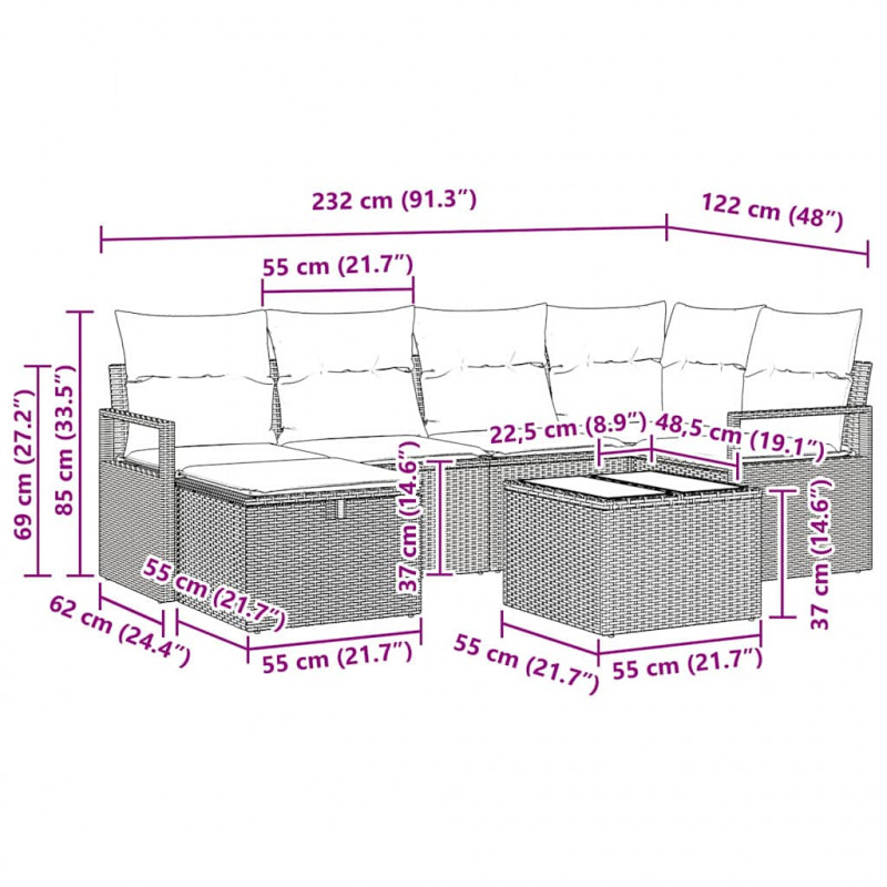 Zestaw Sof z poduszką 7 pcs Jasnoszary polirattan