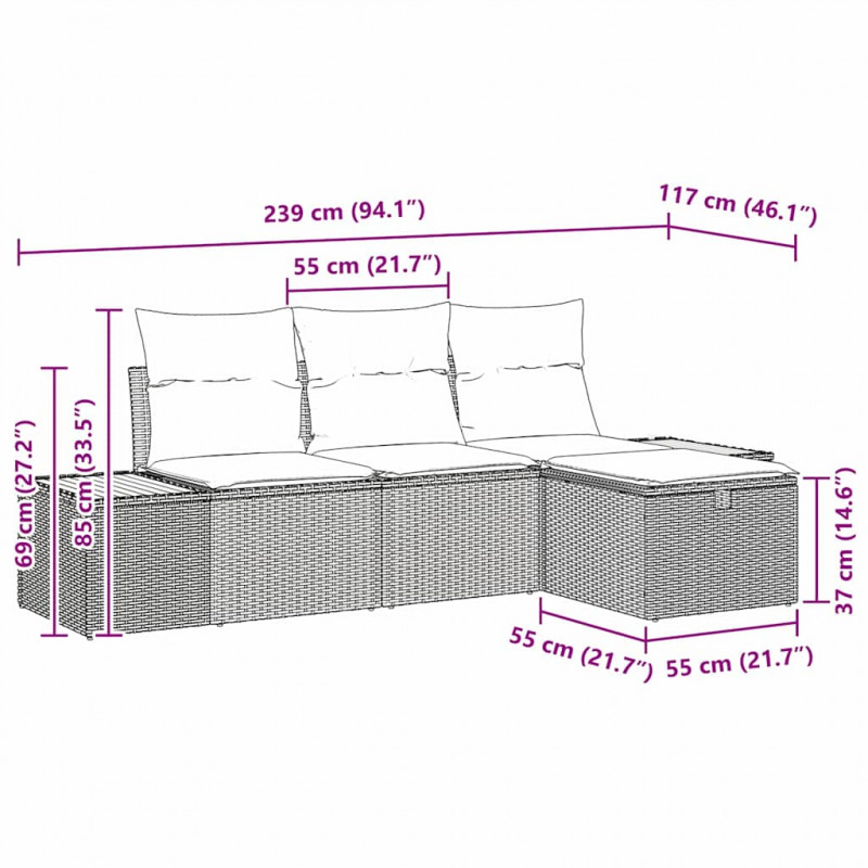 Zestaw Sof na Ogród z poduszką 4 pcs Szary Polirattan