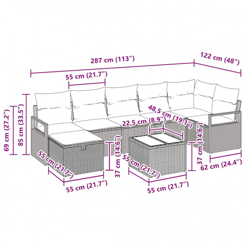 Zestaw Sof z poduszką 8 pcs Jasnoszary polirattan