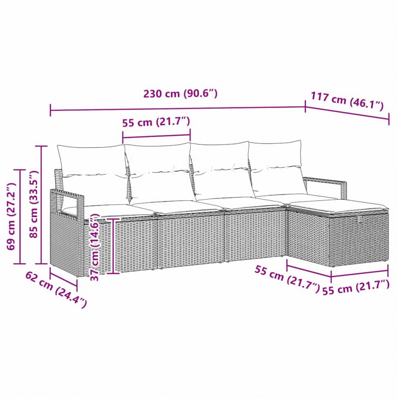 Zestaw Sof na Ogród z poduszką 5 pcs Czarny Polirattan