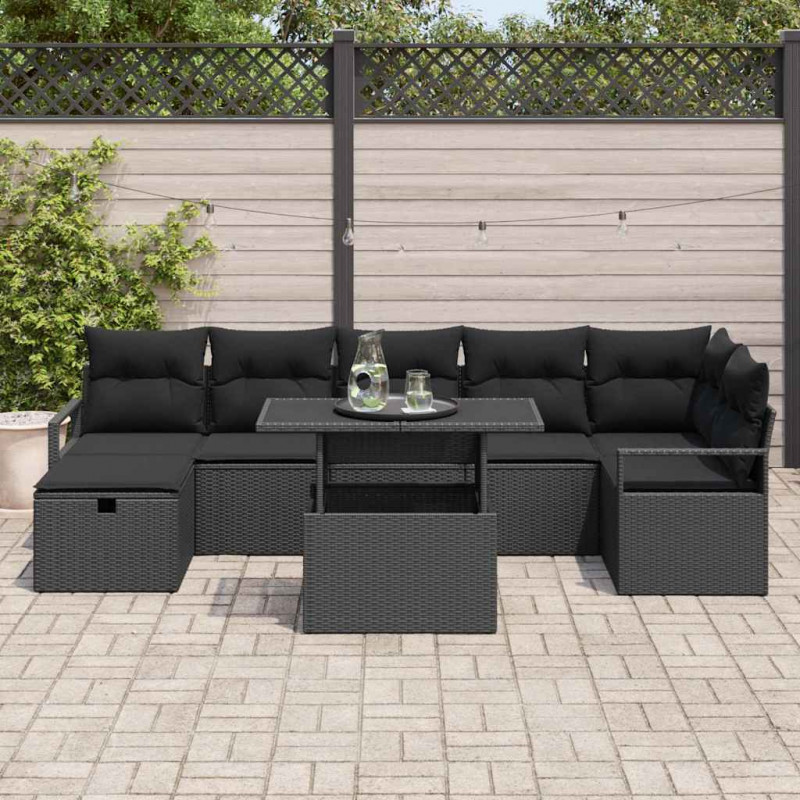Zestaw Sof na Ogród z poduszką 8 pcs Czarny Polirattan