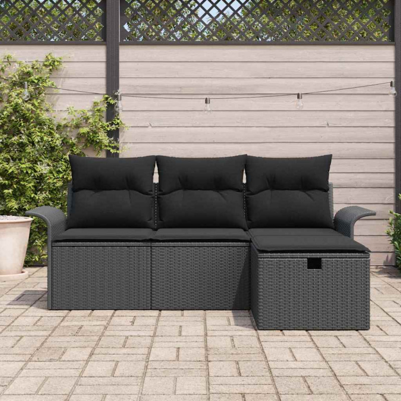 Zestaw Sof na Ogród z poduszką 4 pcs Czarny Polirattan