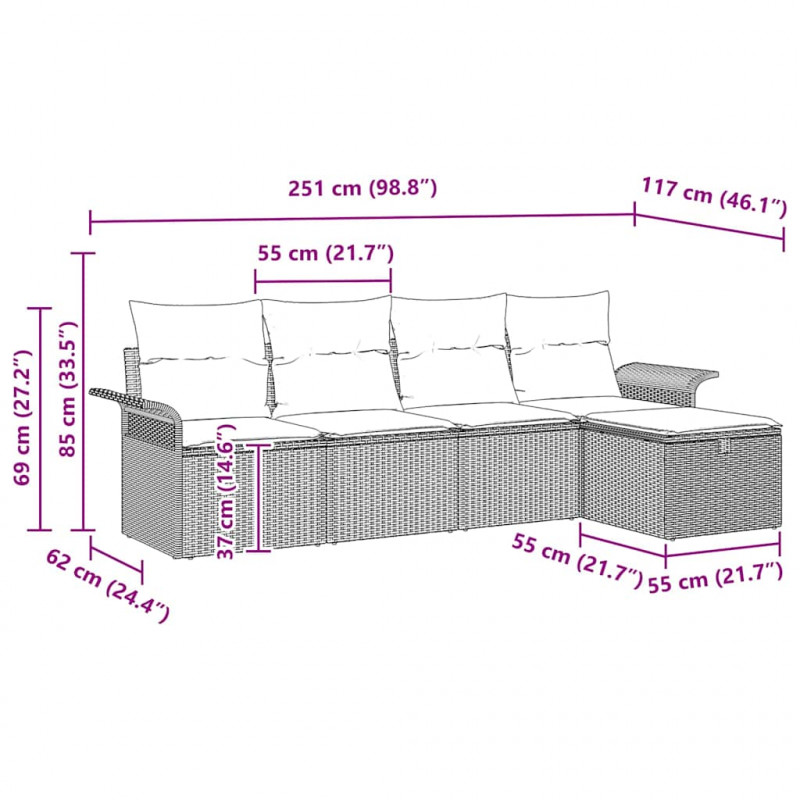Zestaw Sof na Ogród z poduszką 5 pcs Szary Polirattan