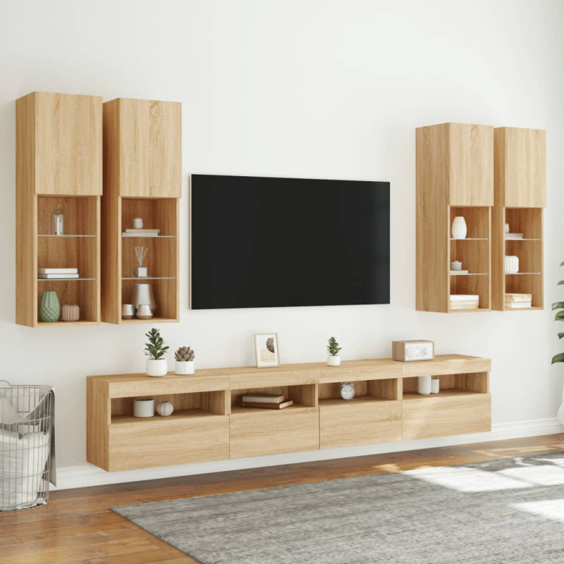 7-cz. zestaw ściennych szafek TV z oświetleniem LED, dąb sonoma