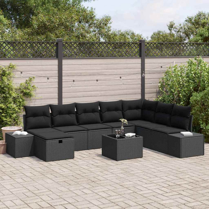 Zestaw Sof na Ogród z poduszką 9 pcs Czarny Polirattan