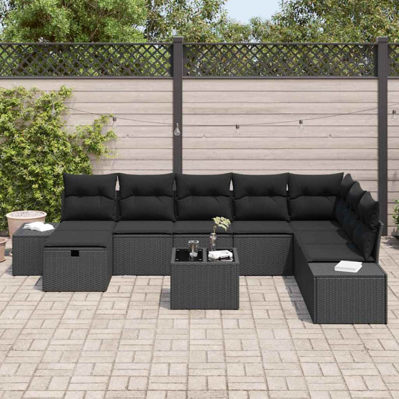 Zestaw Sof na Ogród z poduszką 9 pcs Czarny Polirattan