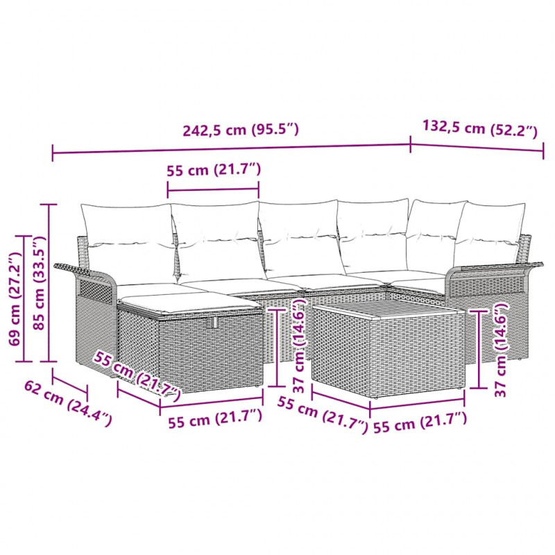 Zestaw Sof na Ogród z poduszką 7 pcs Beżowy Polirattan
