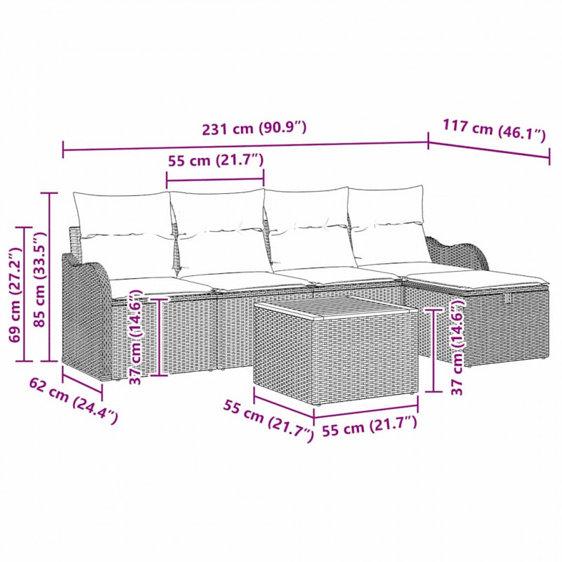 Zestaw Sof na Ogród z poduszką 6 pcs Czarny Polirattan
