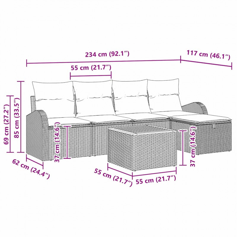 Zestaw Sof na Ogród z poduszką 6 pcs Szary Polirattan