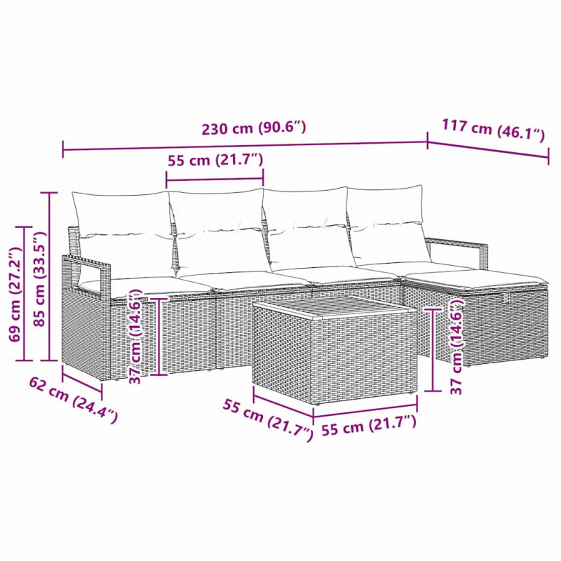 Zestaw Sof na Ogród z poduszką 6 pcs Czarny Polirattan