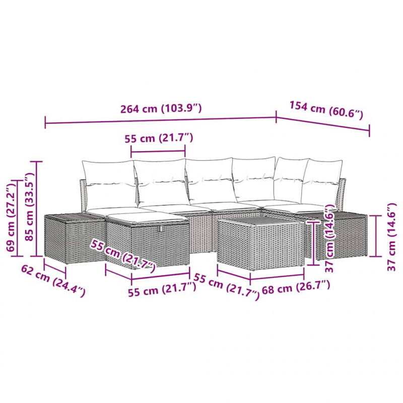 Zestaw Sof na Ogród z poduszką 7 pcs Beżowy Polirattan