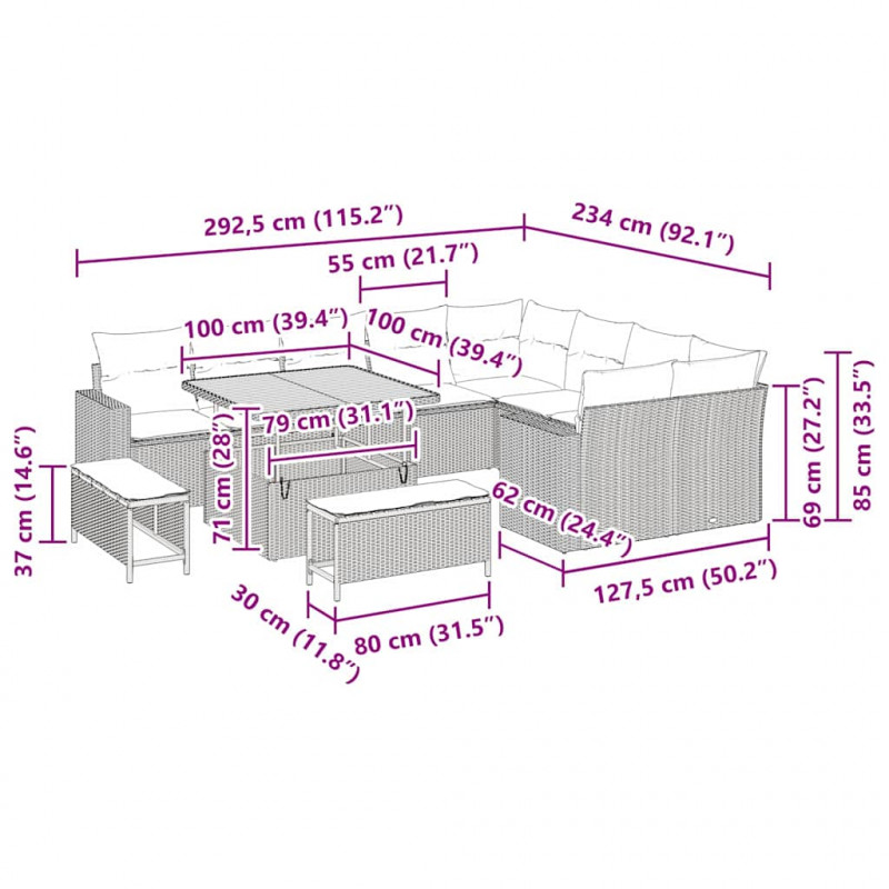 Zestaw Sof na Ogród 12 pcs Beżowy polirattan