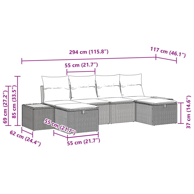 Zestaw Sof na Ogród 6 pcs Czarny 55 x 62 x 69 cm Polirattan