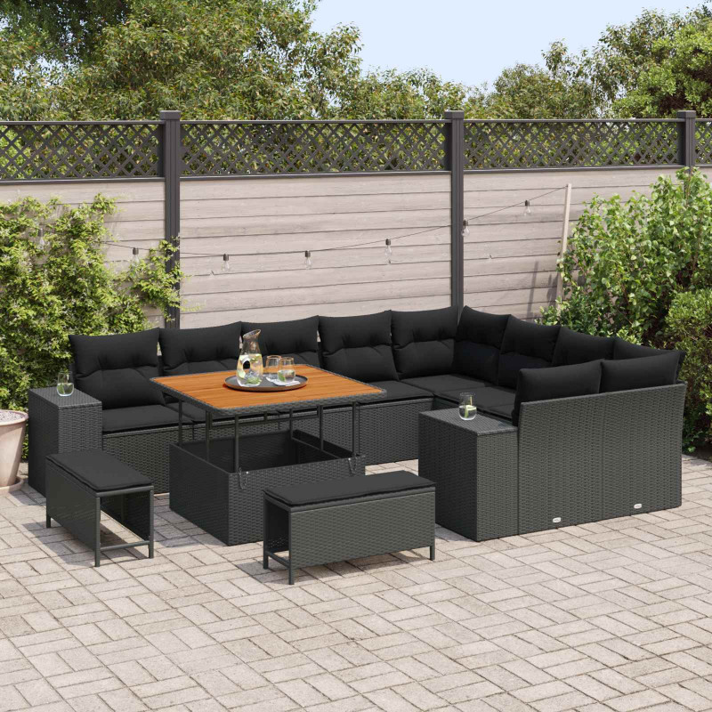 Zestaw Sof na Ogród z poduszką 12 pcs Czarny polirattan