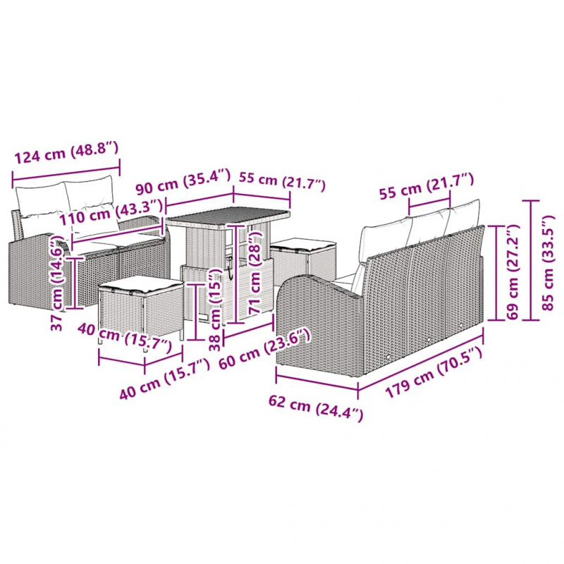 Zestaw Sof na Ogród z poduszką 8 pcs Szary polirattan