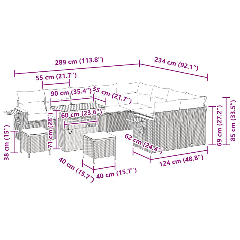 Zestaw Sof na Ogród z poduszką 12 pcs Czarny