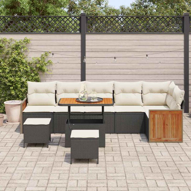 Zestaw Sof na Ogród z poduszką 9 pcs Czarny i kremowy