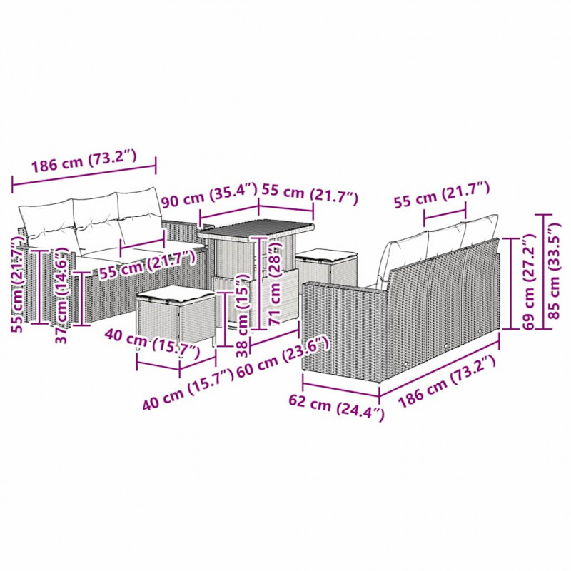 Zestaw Sof na Ogród z poduszką 9 pcs Czarny i kremowy