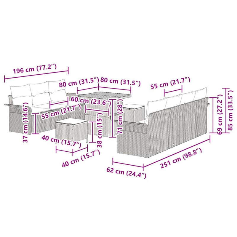Zestaw Sof na Ogród z poduszką 10 pcs Beżowy i kremowy