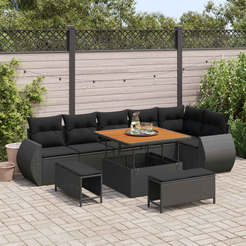 Zestaw Sof na Ogród z poduszką 9 pcs Czarny Rattan poli