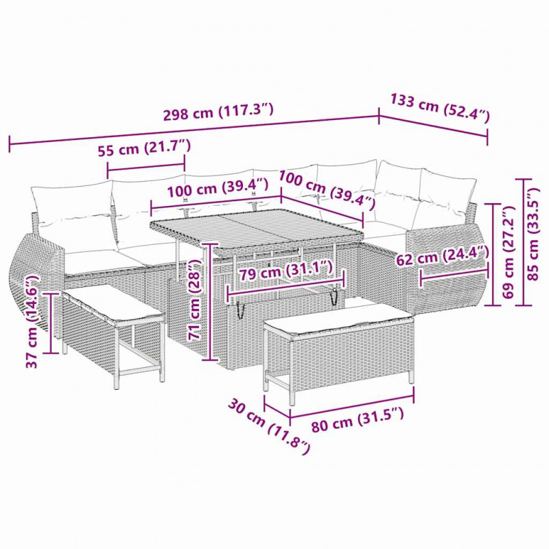 Zestaw Sof na Ogród 9 pcs Czarny i kremowy Rattan poli