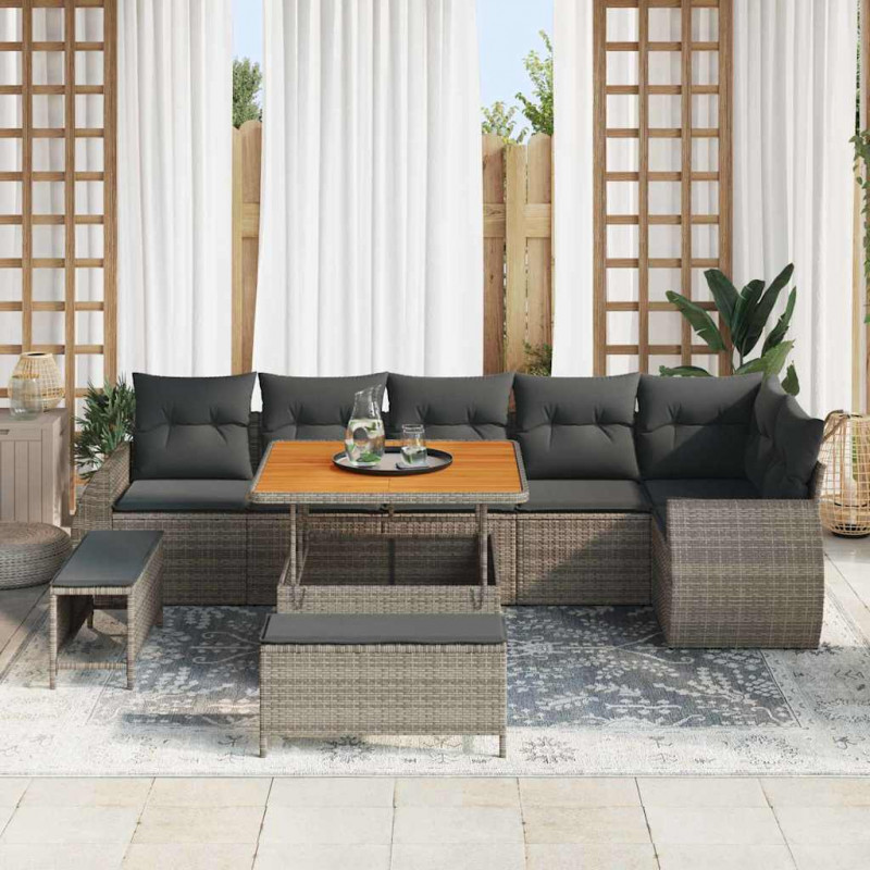 Zestaw Sof na Ogród z poduszką 9 pcs Szary Rattan poli