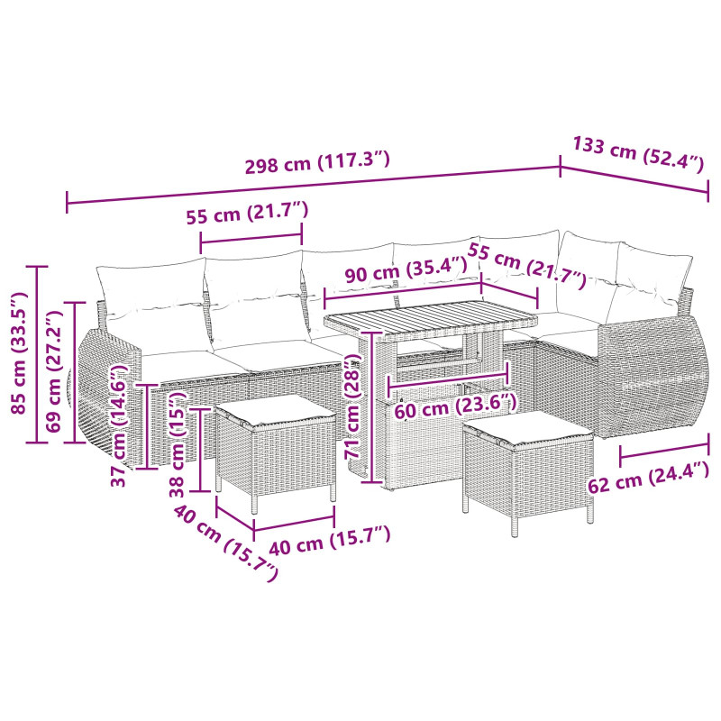 Zestaw Sof na Ogród z poduszką 9 pcs Czarny Rattan poli