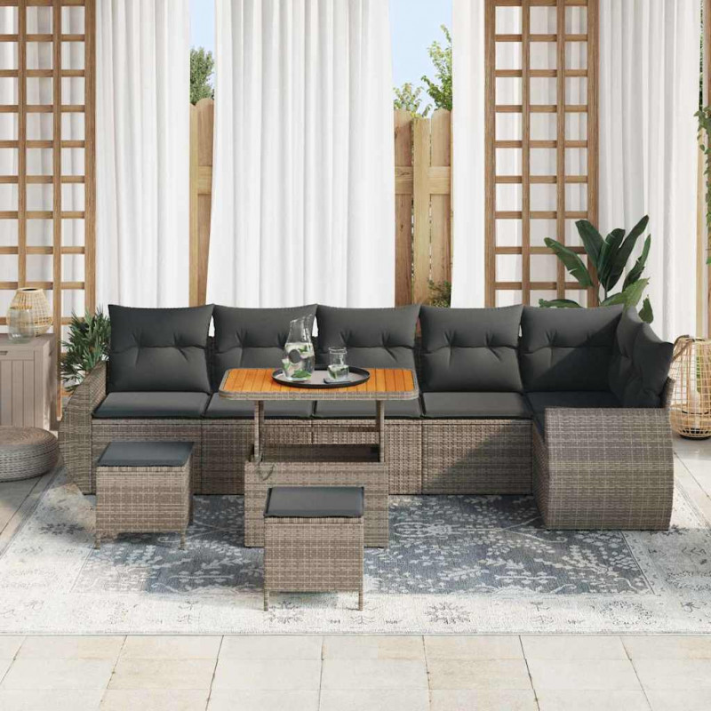Zestaw Sof na Ogród z poduszką 9 pcs Szary Rattan poli