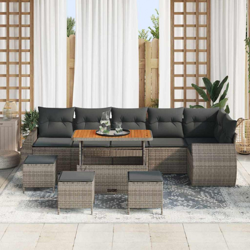 Zestaw Sof na Ogród z poduszką 10 pcs Szary Rattan poli