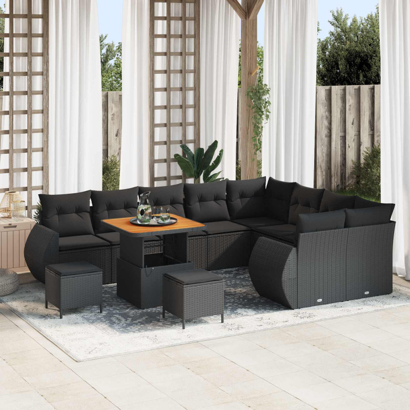 Zestaw Sof na Ogród z poduszką 12 pcs Czarny Rattan poli