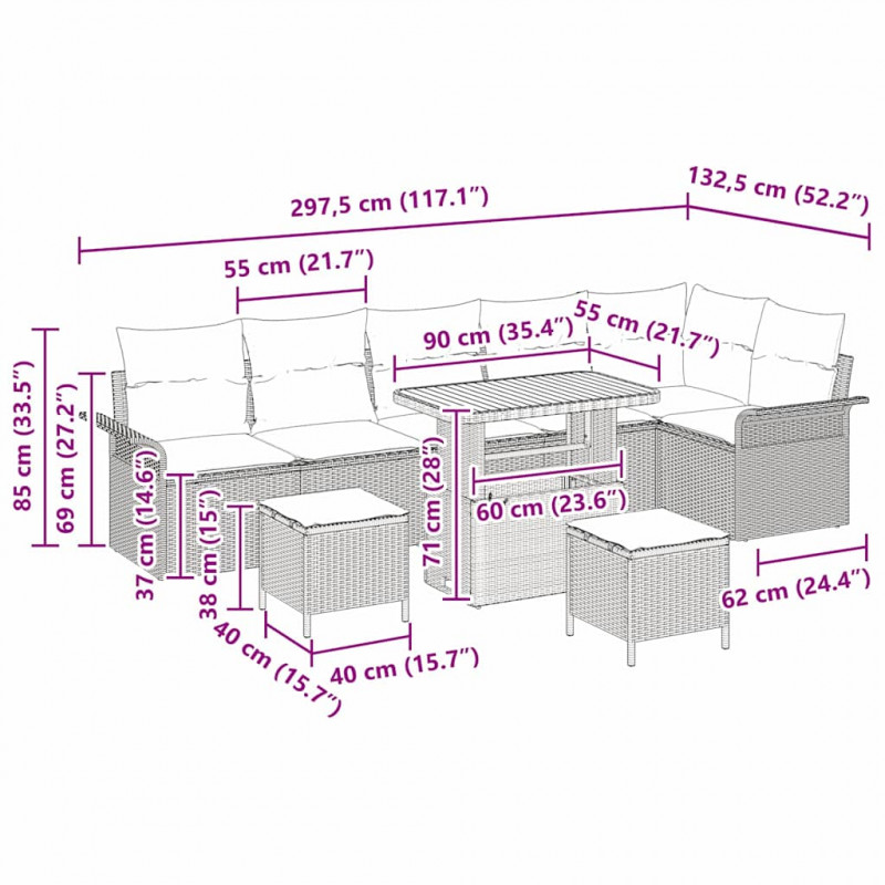 Zestaw Sof na Ogród z poduszką z przechowywaniem 9 pcs Szary