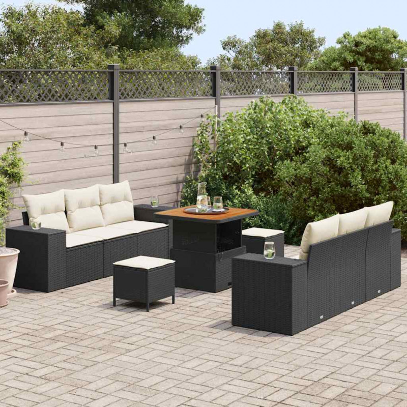 Zestaw Sof na Ogród 9 pcs Czarny i kremowy Rattan poli