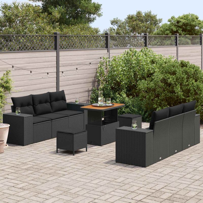 Zestaw Sof na Ogród z poduszką 9 pcs Czarny Rattan poli