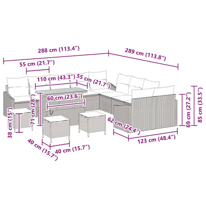 Zestaw Sof na Ogród z poduszką 13 pcs Beżowy Polirattan