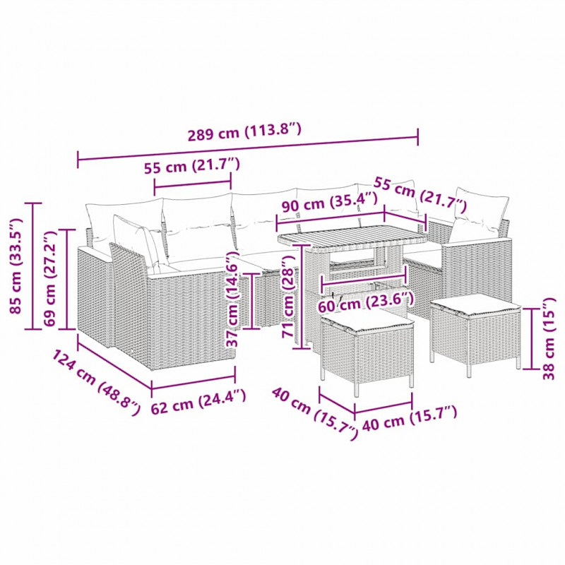 Zestaw Sof na Ogród z poduszką 10 pcs Czarny Polirattan