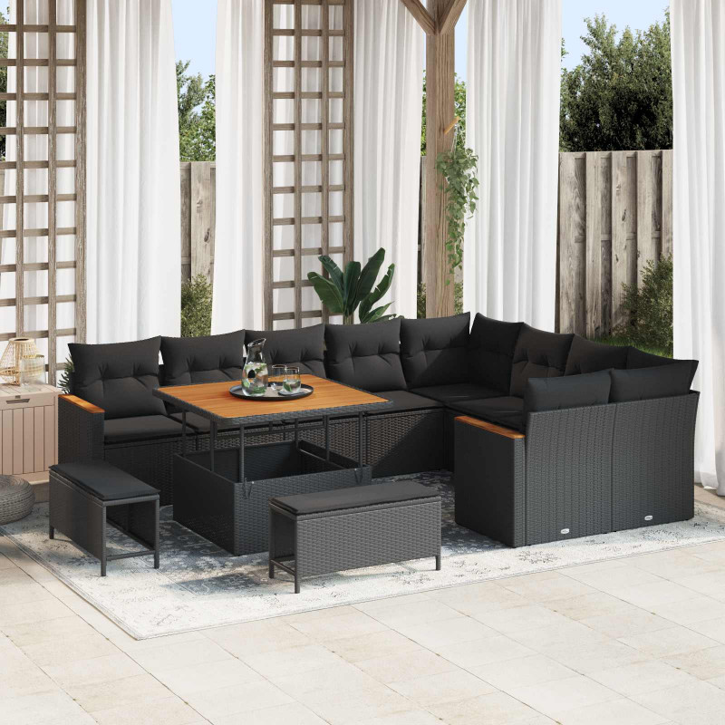 Zestaw Sof na Ogród z poduszką 12 pcs Czarny Rattan poli