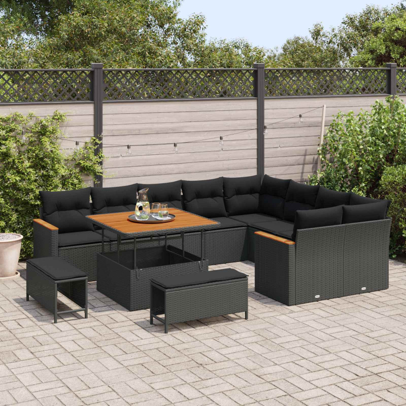Zestaw Sof na Ogród z poduszką 12 pcs Czarny Rattan poli