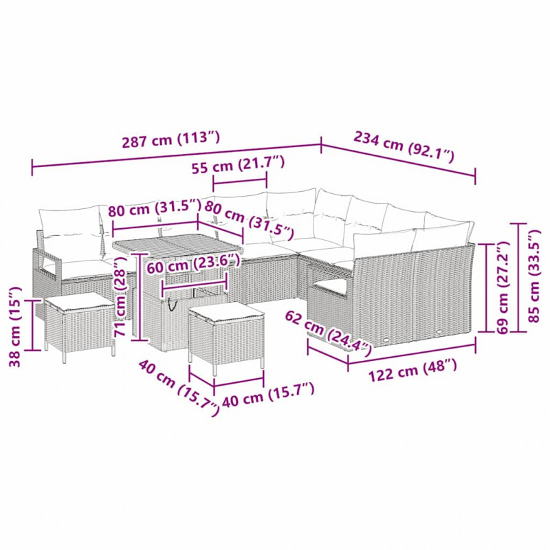 Zestaw Sof na Ogród z poduszką 12 pcs Czarny i kremowy