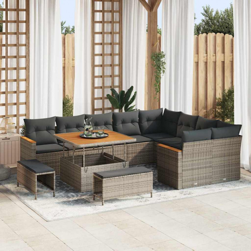 Zestaw Sof na Ogród z poduszką 12 pcs Szary Rattan poli