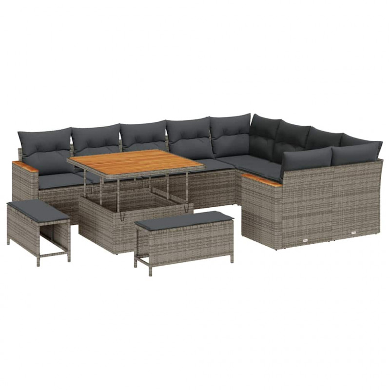 Zestaw Sof na Ogród z poduszką 12 pcs Szary Rattan poli