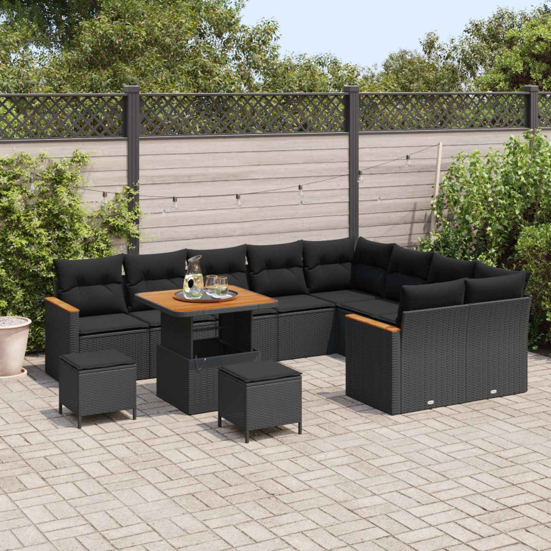 Zestaw Sof na Ogród z poduszką 12 pcs Czarny Rattan poli