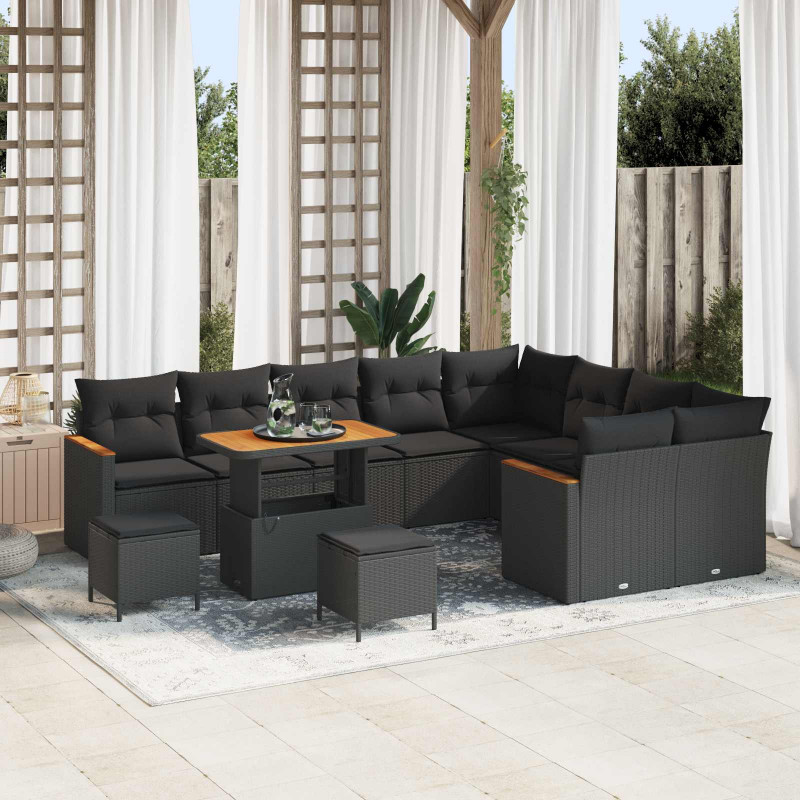 Zestaw Sof na Ogród z poduszką 12 pcs Czarny Rattan poli