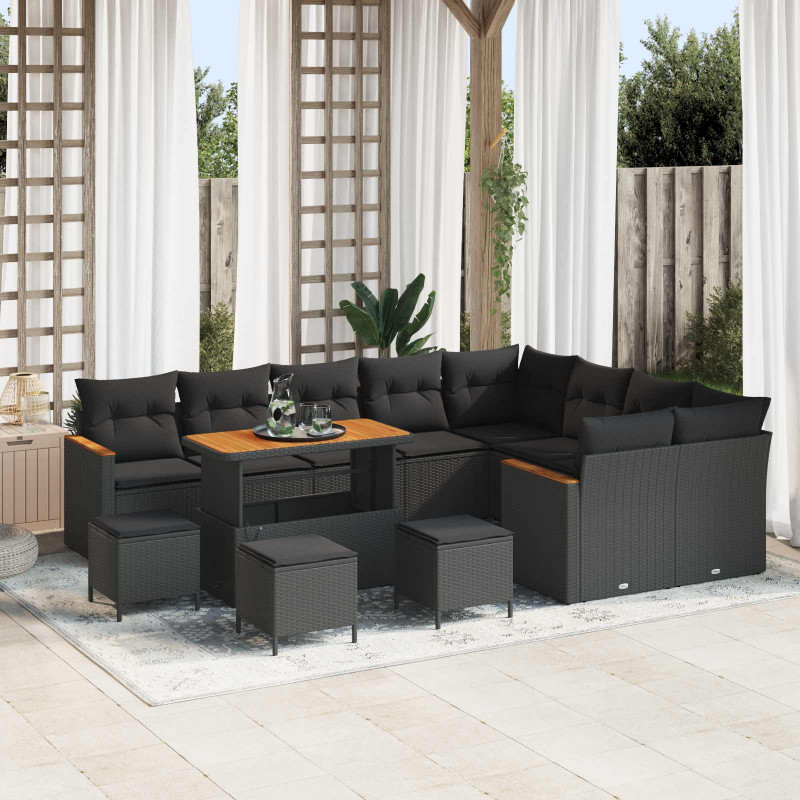 Zestaw Sof na Ogród z poduszką 13 pcs Czarny Rattan poli