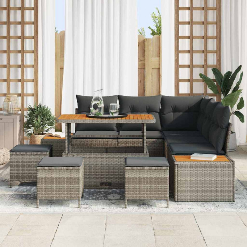 Zestaw Sof na Ogród z poduszką 9 pcs Szary Polirattan