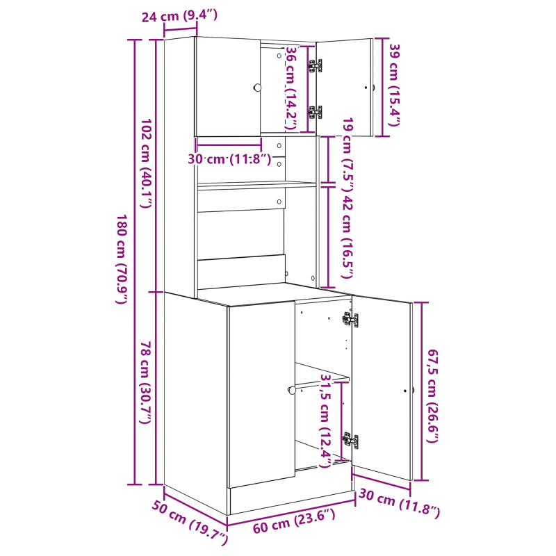 Kredens kuchenny 2 pcs Dąb rzemieślniczy 60 x 50 x 180 cm