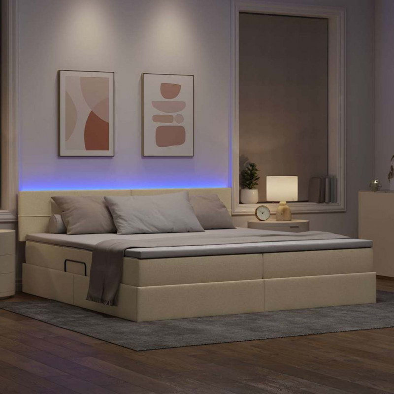 Łóżko z miejscem na przechowywanie i LED Kremowy 200 x 200 cm