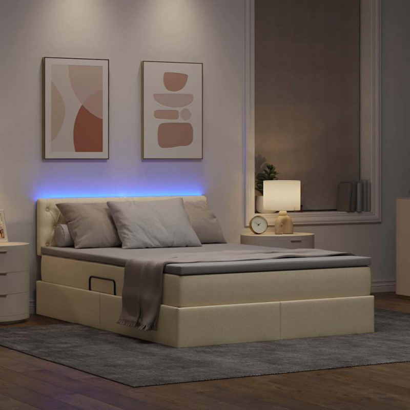 Łóżko z miejscem na przechowywanie i LED Kremowy 140 x 190 cm