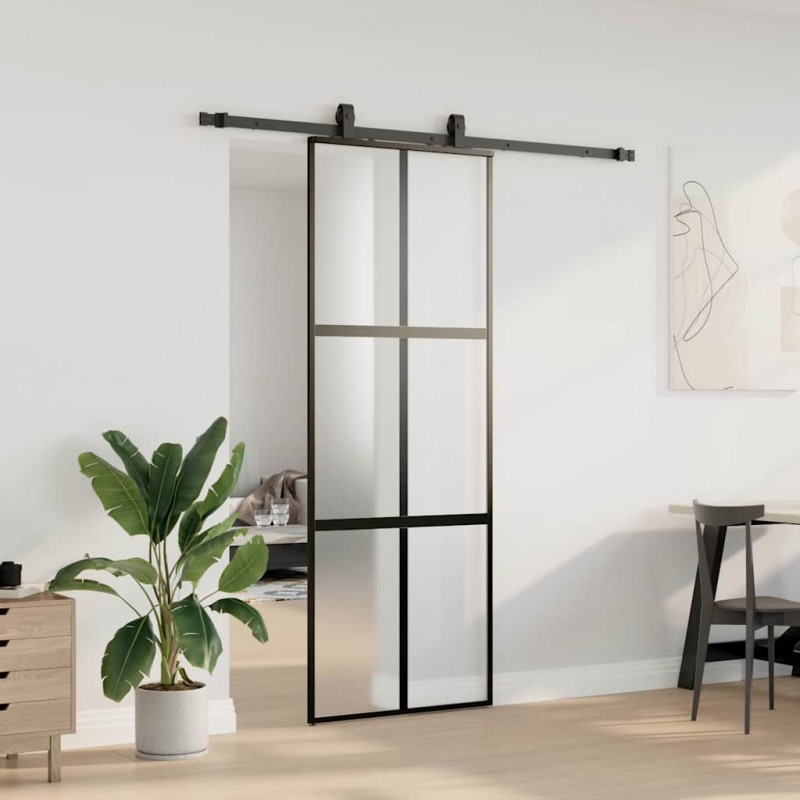 Drzwi przesuwne z zestawem okuć czarne 76x205cm szkło hartowane